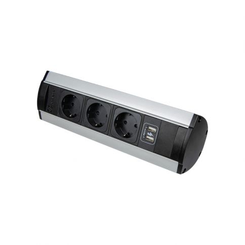 VersaTOP Lauapistikupesa, 3 pesa + 2USB porti (5V, 2.1A), 110-220V, 16A hõbedane